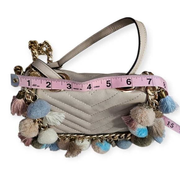 Aldo Cream Chevron Crossbody Bag with Multicolor Pom Poms - Picture 7 of 11